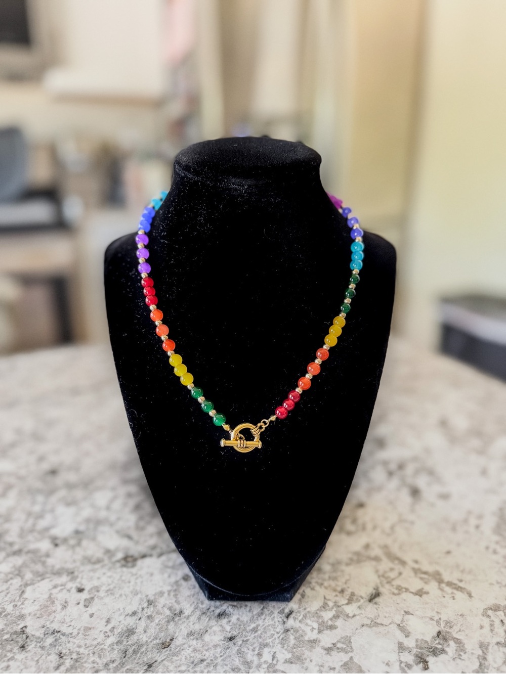 Handmade Rainbow Beaded Necklace with Gold Toggle Clasp